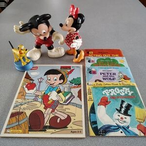 '60-70s Disney: Minnie Mickey Pluto, Pinocchio Puzzle 4 Read Along Records/Books